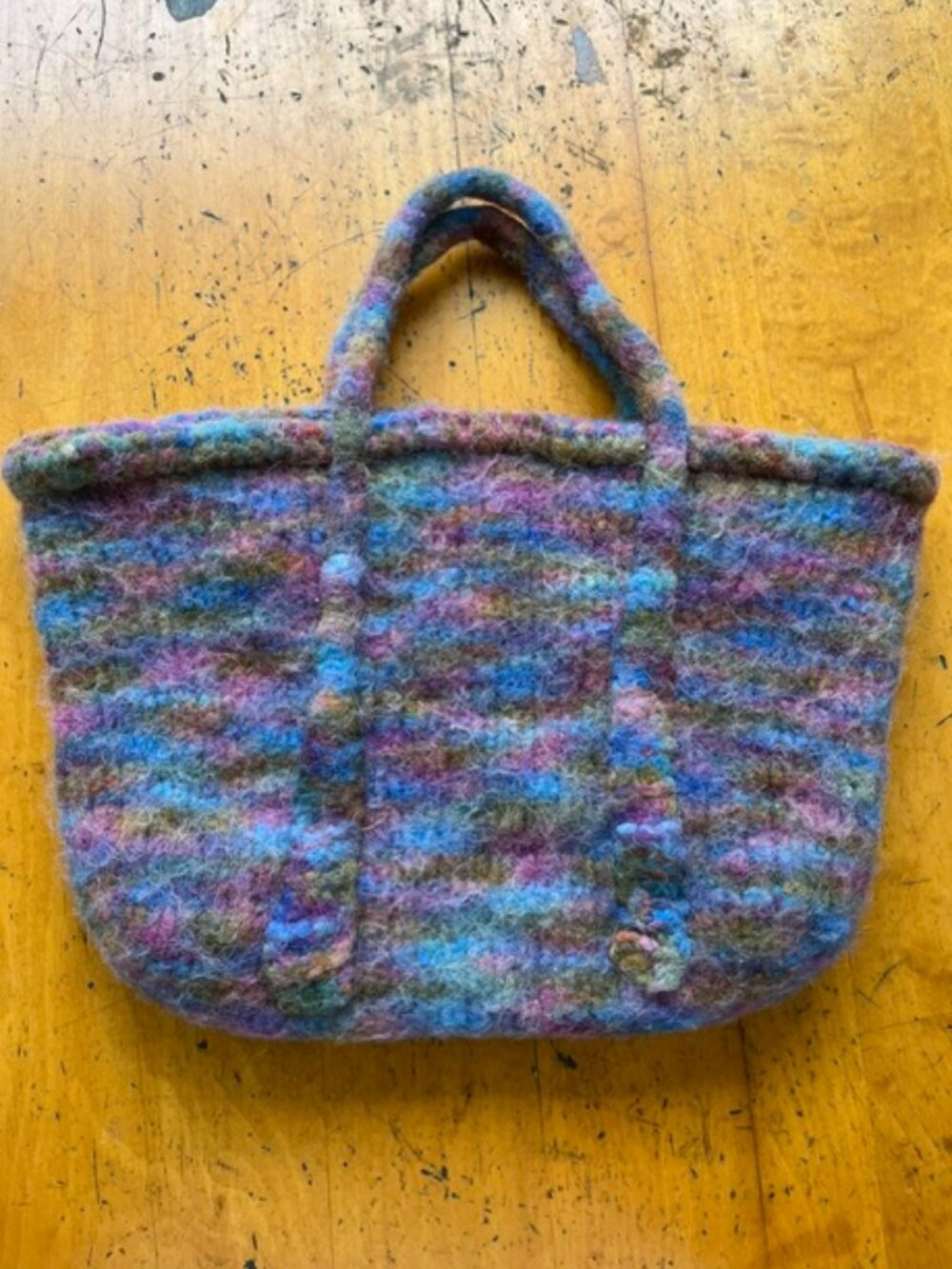 Boiled wool variegated blues, pink, and purple purse with handles, handmade.